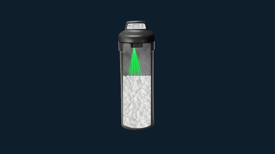 Diagram of a water softener with a sensor scanning the salt level inside the brine tank